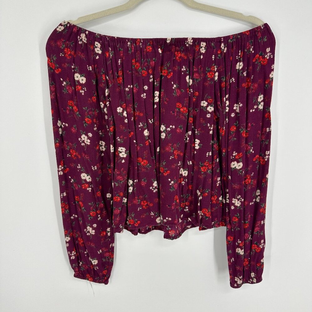 3/$25 Hollister Floral Off the Shoulder Blouse Top S Maroon Red Long Sleeve - Picture 2 of 6